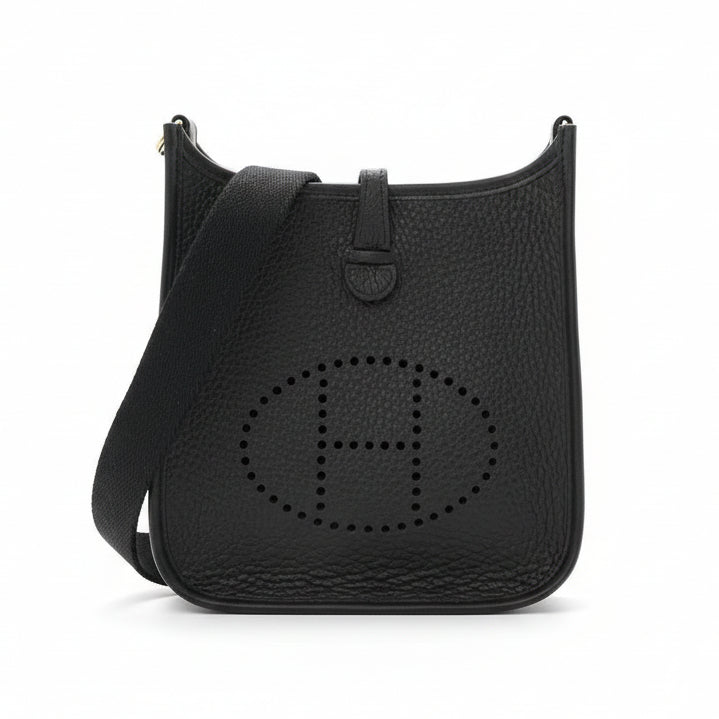 Black leather Mini Evelyne handbag with brand logo on a white background