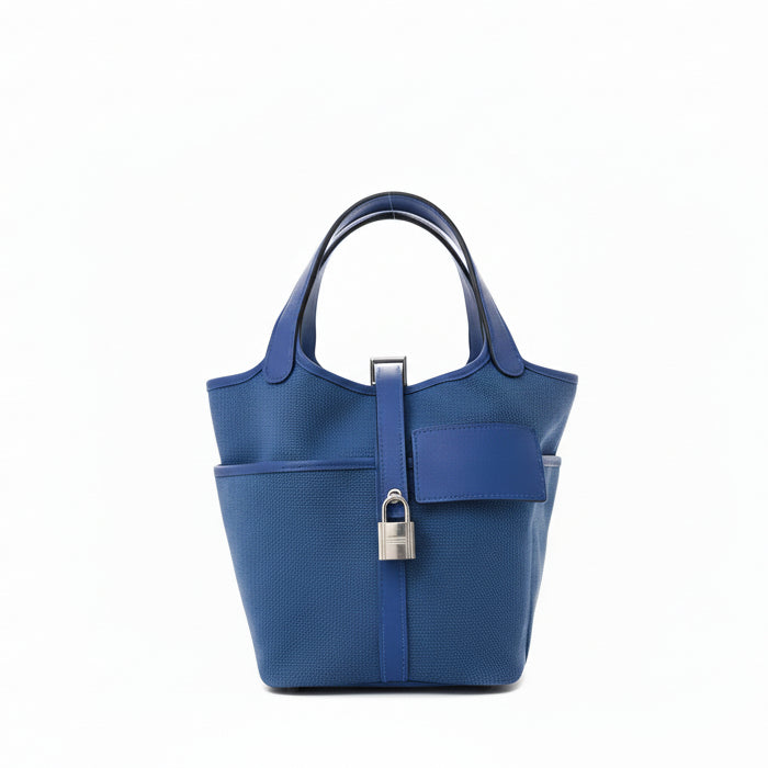 Blue Cargo Hermes Picotin 18 with a padlock on a white background