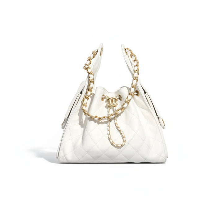 White Chanel 25 small quilted handbag with gold chain and CC logo on a white background