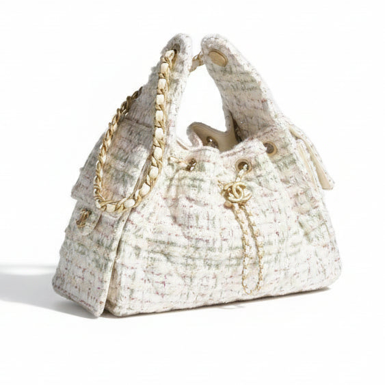 Chanel 25 Small Handbag Wool Tweed Gold GHW, New, Certified Authentic