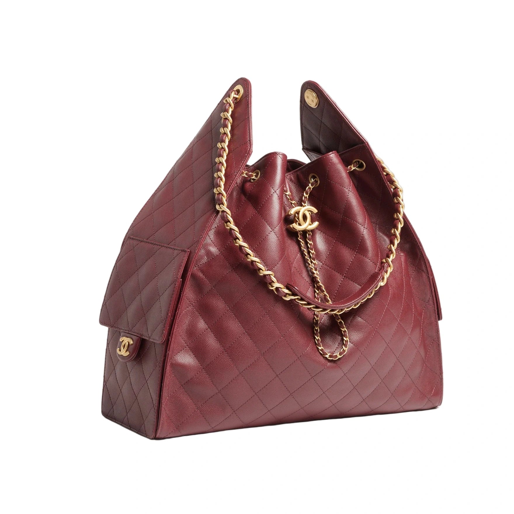 Burgundy Chanel 25 Medium handbag with gold chain and hardware on a white background