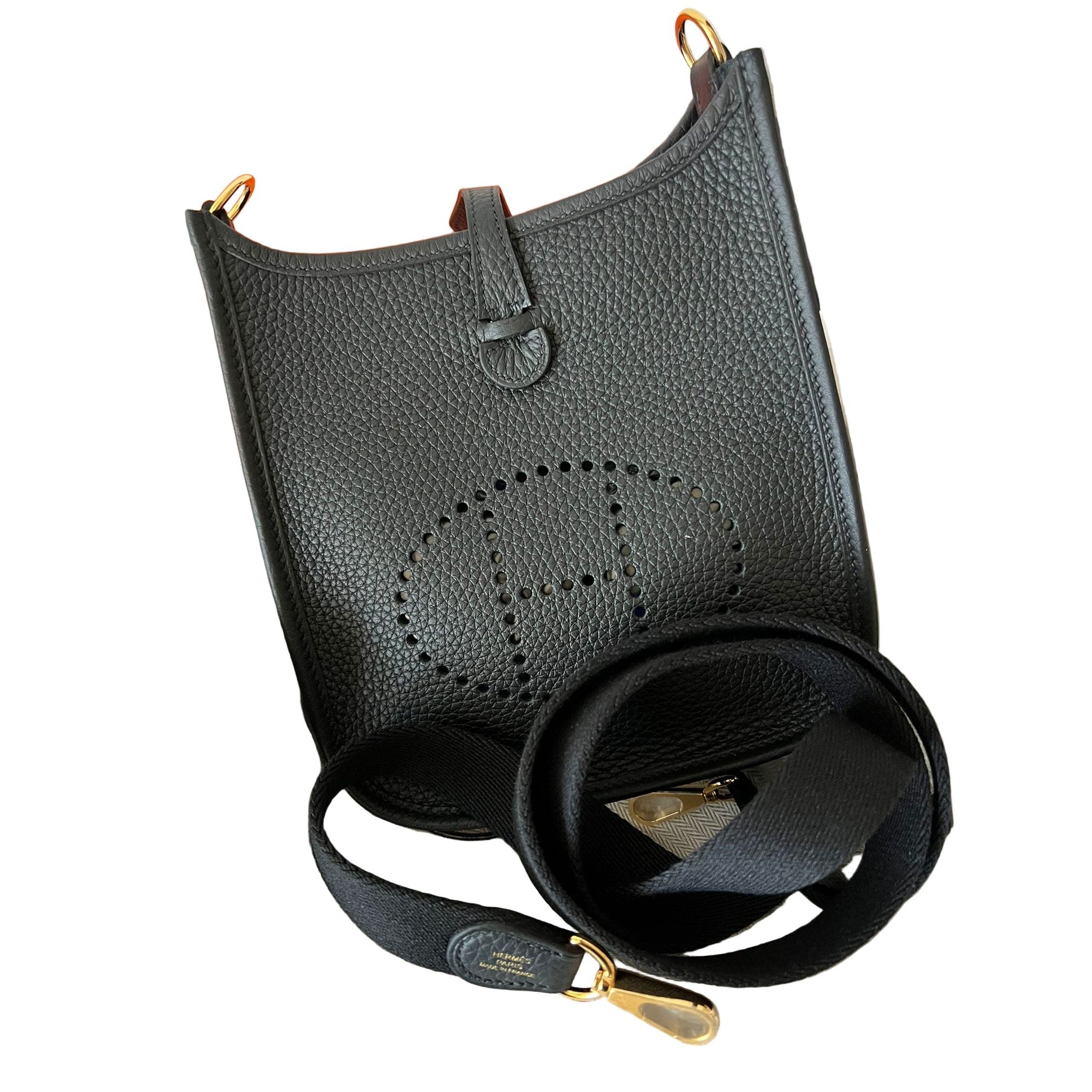 Black leather Mini Evelyne handbag with brand logo on a white background