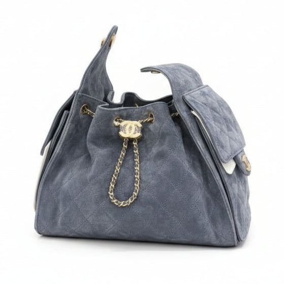 Chanel 25 Small Hobo Blue Suede Aged GHW, New, Certified Authentic