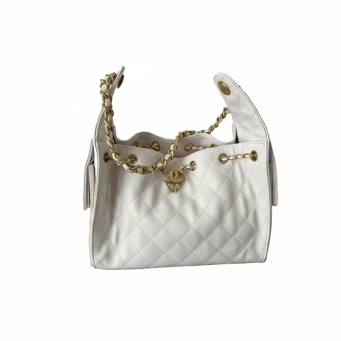 White Chanel 25 small quilted handbag with gold chain and CC logo on a white background