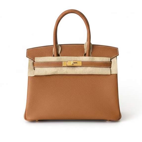 Hermes Birkin 30 handbag with beige accents on a white background