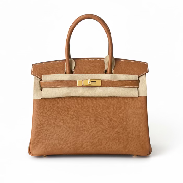 Hermes Birkin 30 handbag with beige accents on a white background