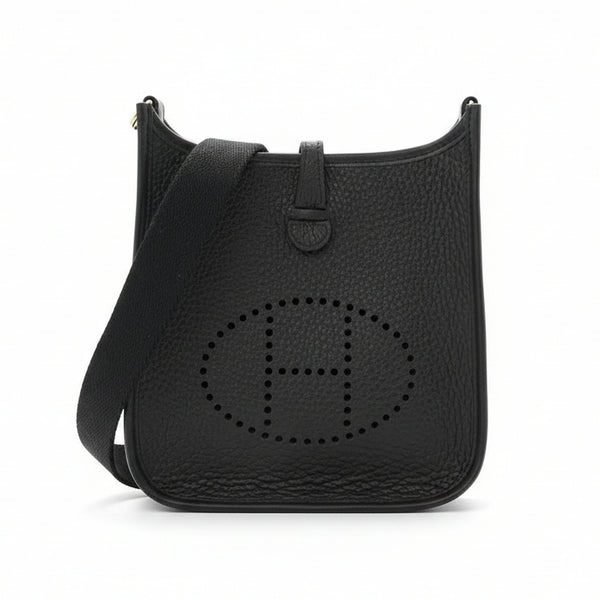 Black leather Mini Evelyne handbag with brand logo on a white background
