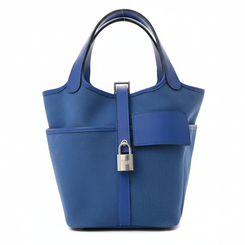 Blue Cargo Hermes Picotin 18 with a padlock on a white background