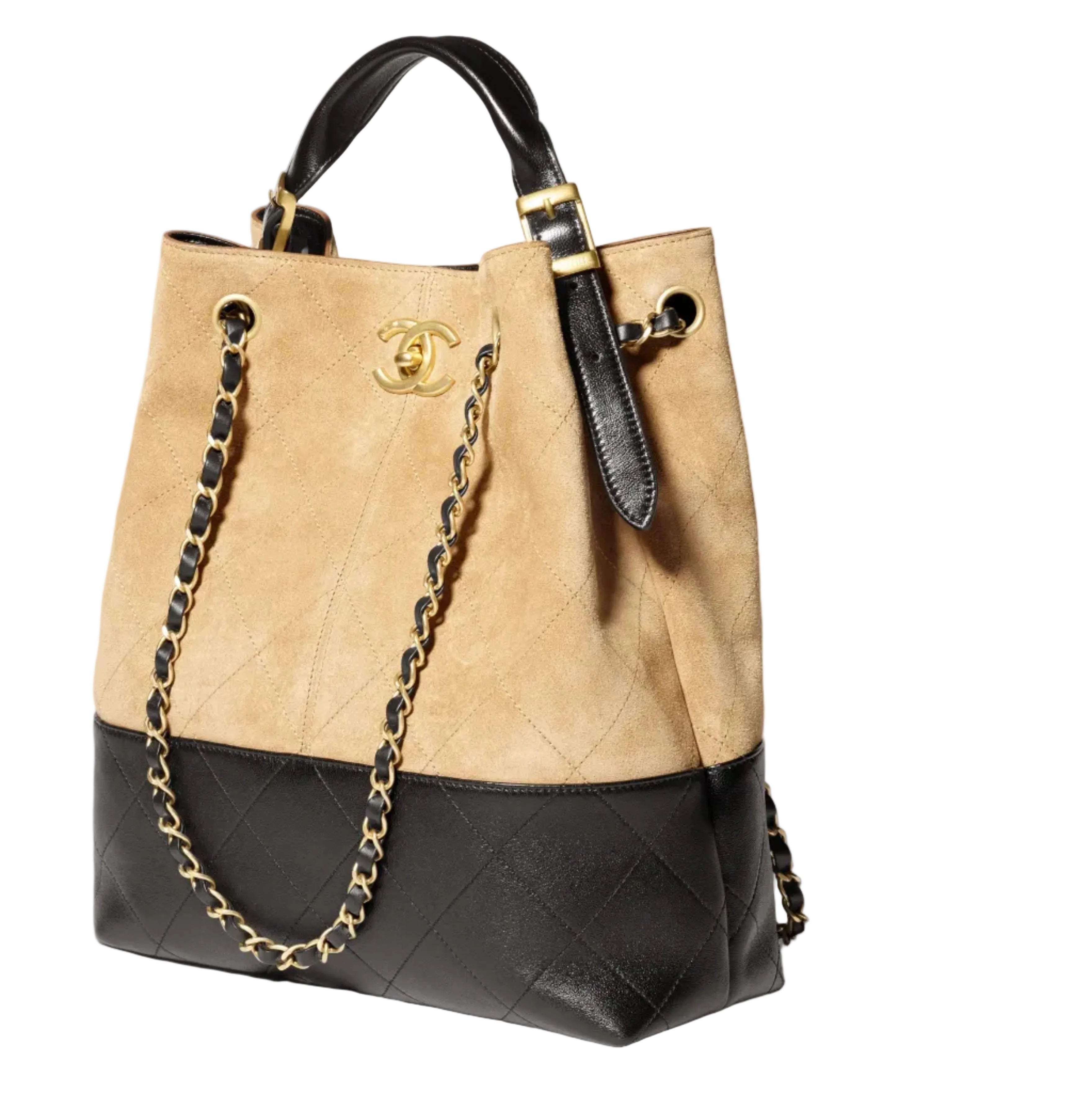 Two-Tone Chanel Beige and black Suede handbag with gold chain detail on a white background