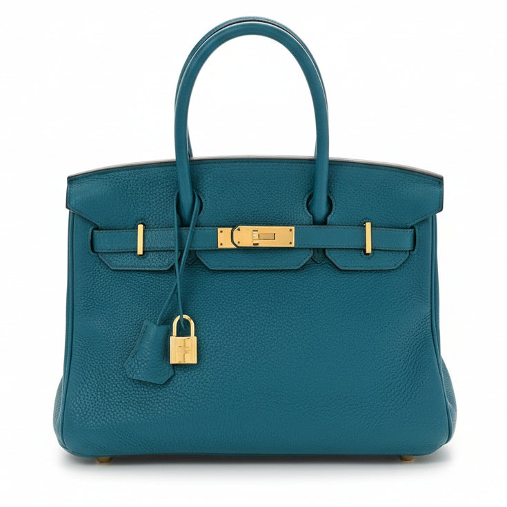 Hermes Birkin 30 Vert Bosphore Epsom handbag with gold hardware on a white background