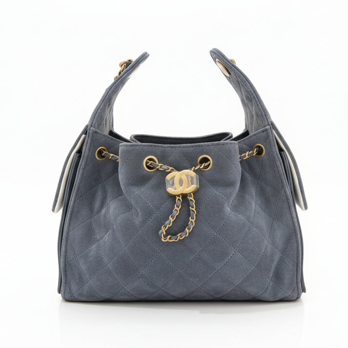Chanel 25 Small Hobo Blue Suede Aged GHW, New, Certified Authentic