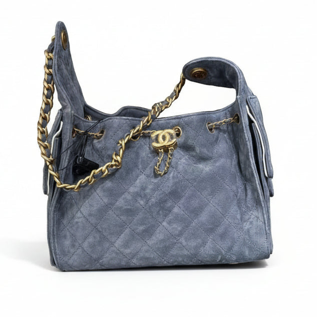 Chanel 25 Small Hobo Blue Suede Aged GHW, New, Certified Authentic
