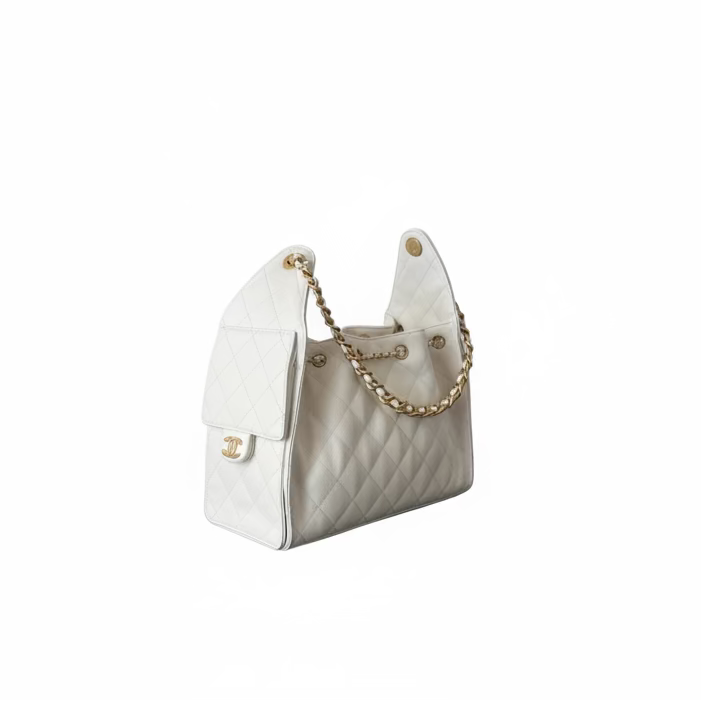 White Chanel 25 small quilted handbag with gold chain and CC logo on a white background