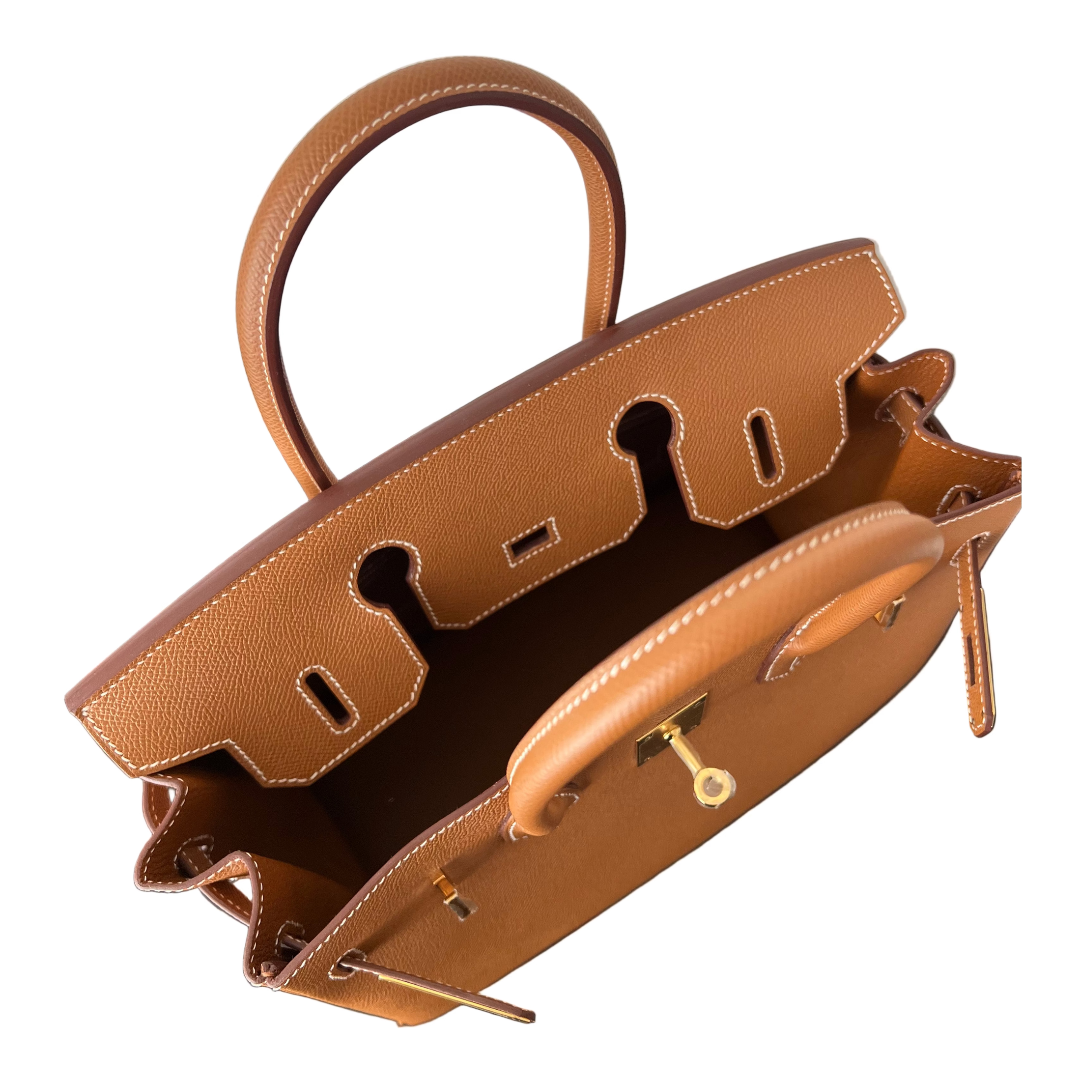 Hermes Birkin 30 handbag with beige accents on a white background