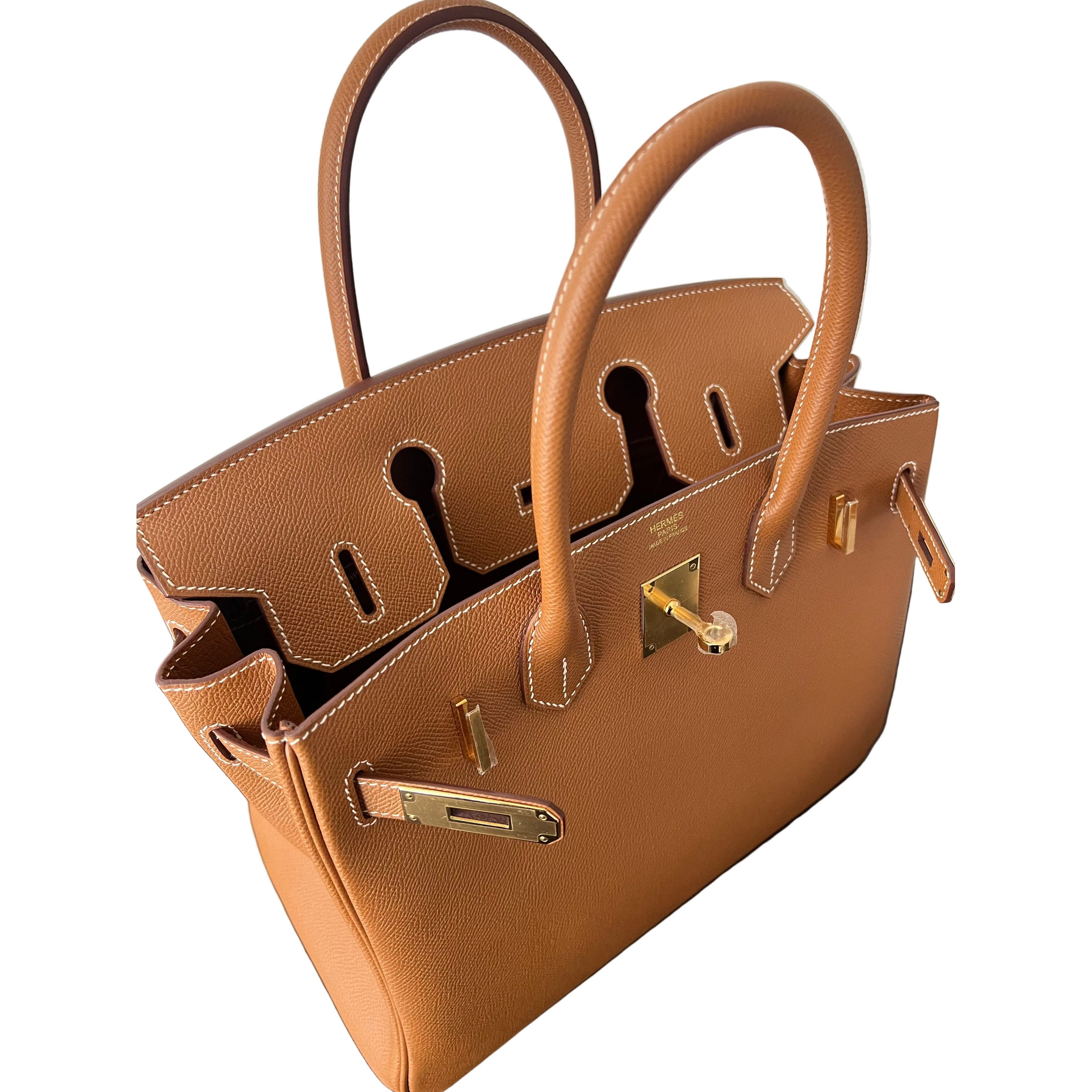 Hermes Birkin 30 handbag with beige accents on a white background