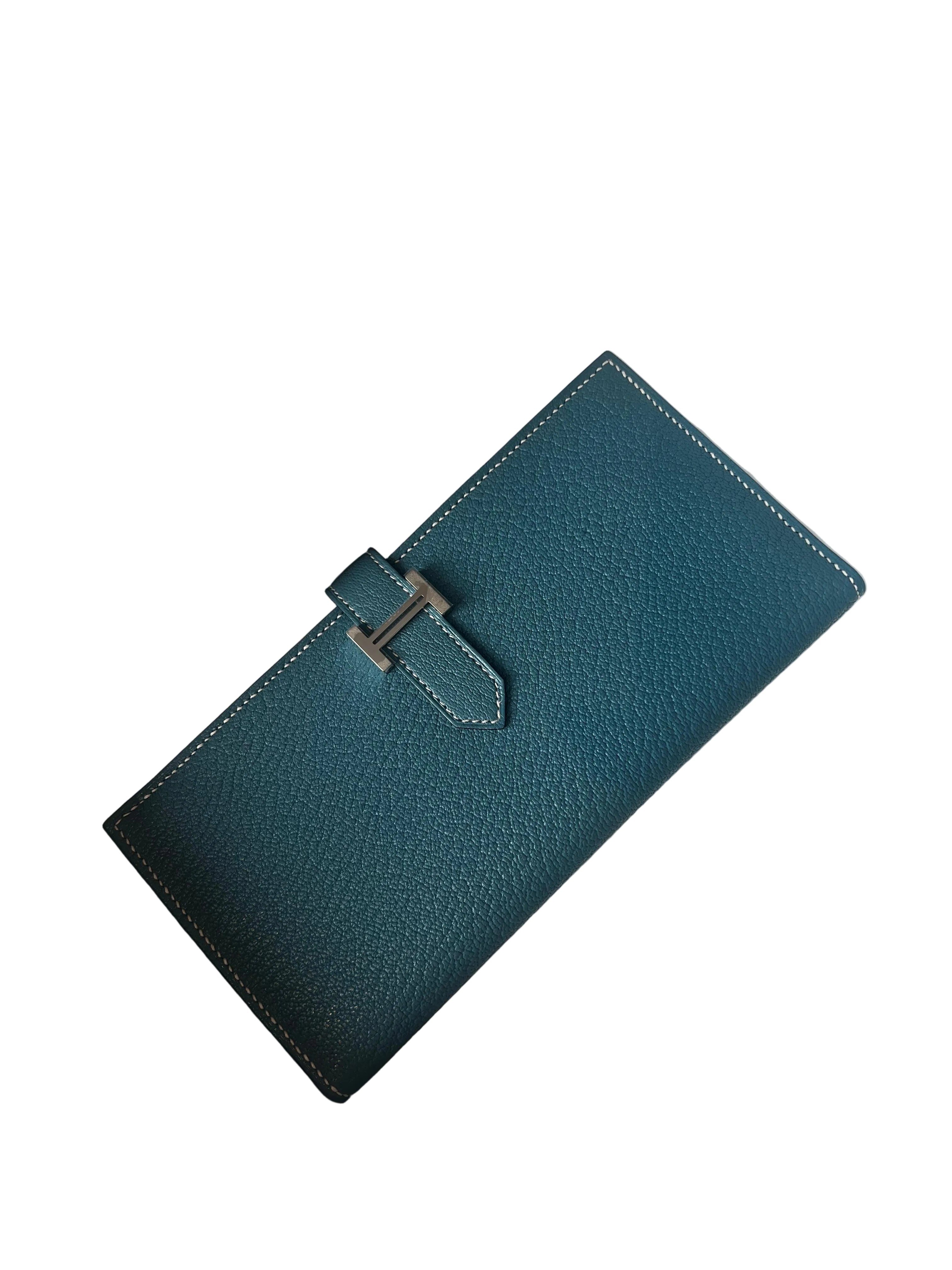 Hermès Bearn Soufflet Long Wallet in Blue Jean